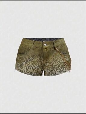 SHEIN Olive Leopard Print Denim Shorts with Chain Detail